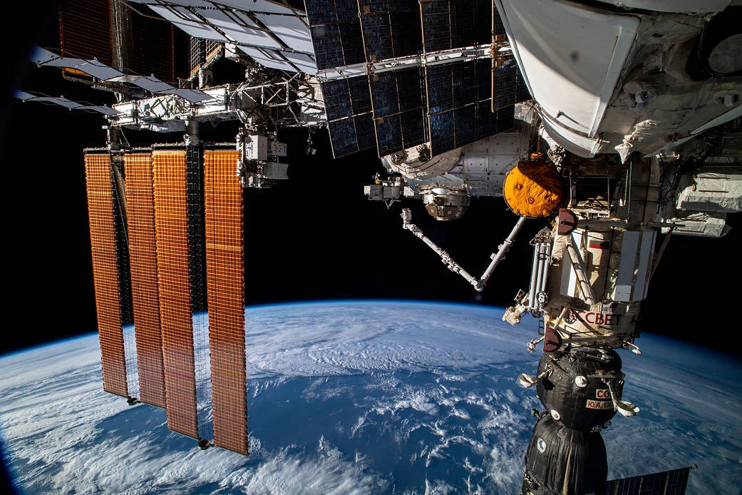 The International Space Station above the Atlantic Ocean, photographed by NASA